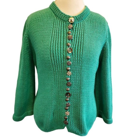 Pure Handknit Green Cardigan Cotton‎ Ornate Buttons Chunky Size M/L - Picture 1 of 11